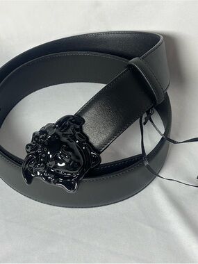 Versace Black on Black Glossy La Medusa Belt sz 40 NEW w/ fast FREE shipping